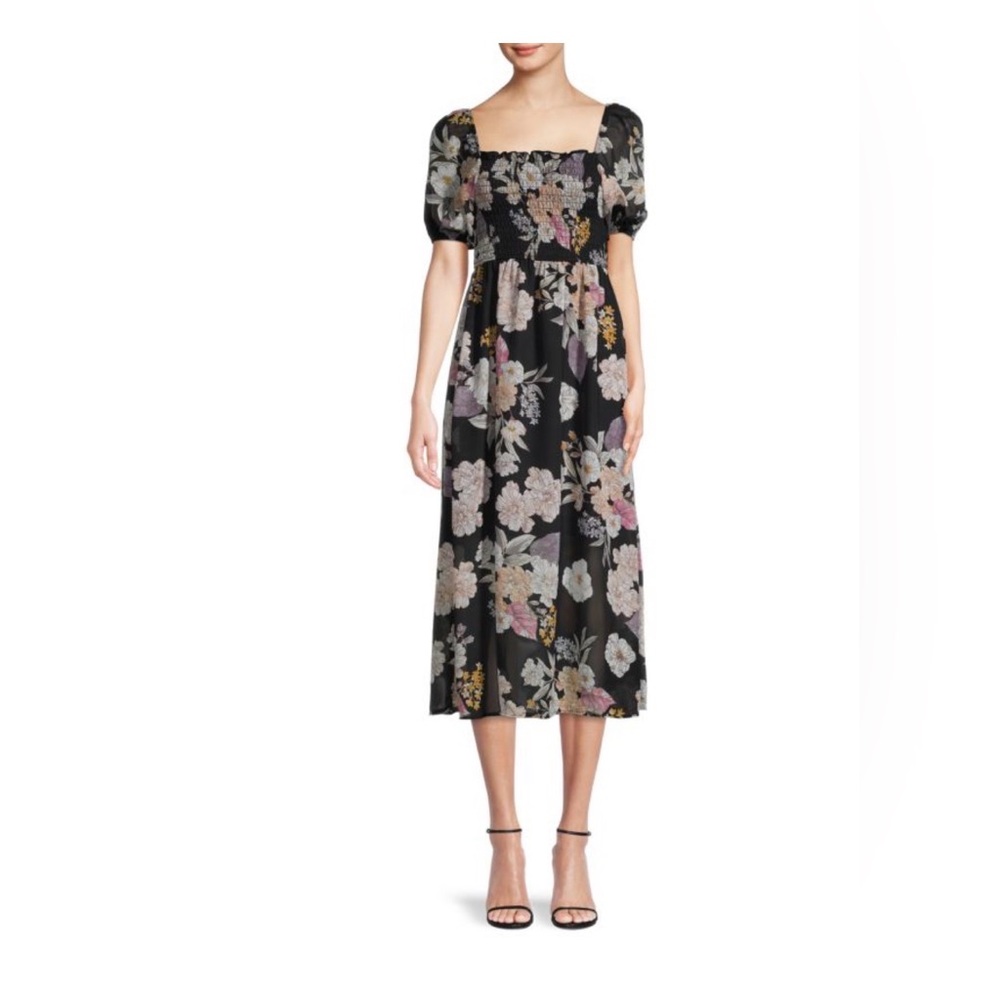 Love Ady Floral Smocked Black Midi Dress - M
